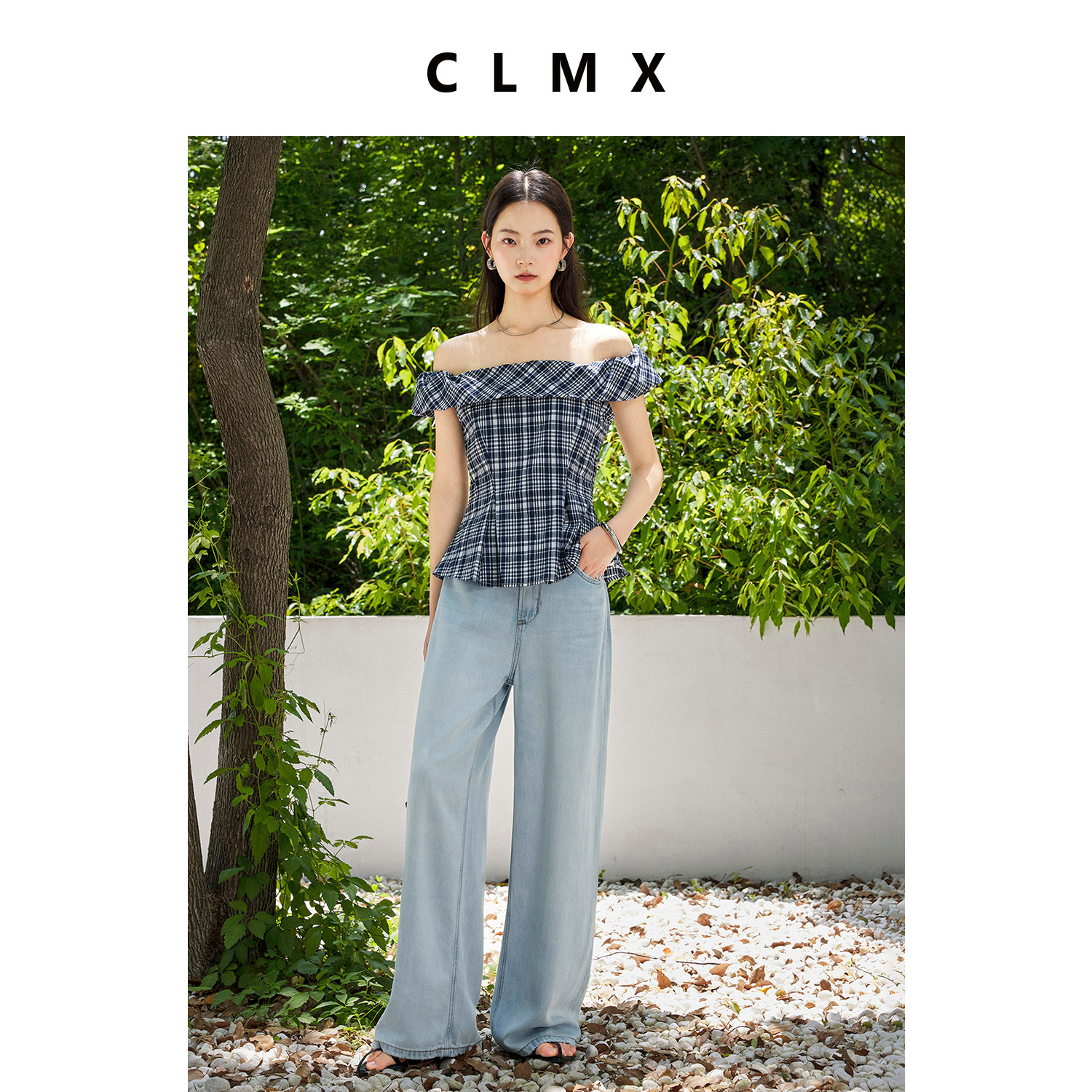 CLMX法式复古一字肩修身衬衫