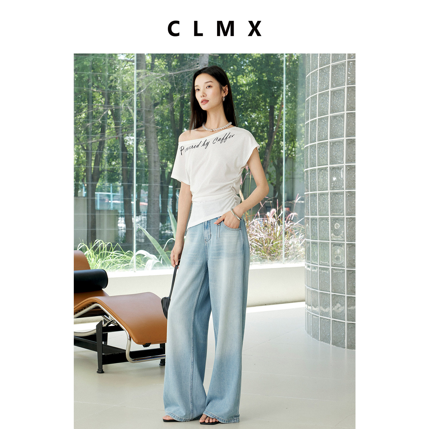 CLMX棉汉麻桑蚕丝一字领T恤上衣