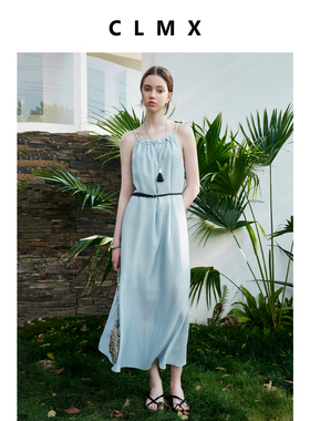CLMX轻盈感斜纹莱赛尔羊毛混纺面料 轻度假棉绳肩带荷叶边连衣裙