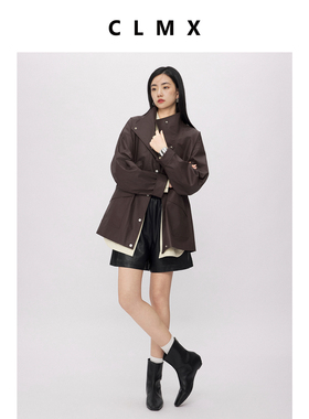 CLMX100%棉配合蜡感涂层工艺利落造型落肩宽松版立领开襟长袖外套
