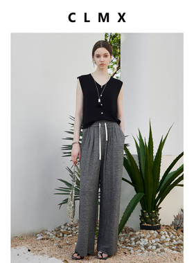 CLMX利落V领修饰天鹅颈线条上衣轻盈透气莱赛尔亚麻混纺纱线马甲