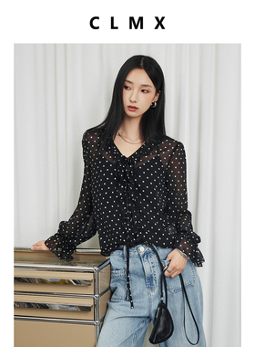 CLMX轻透复古波点平纹薄纱雪纺 复古小波点荷叶边V领衬衫+吊带