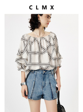 CLMX夏季微弹休闲裤子工装风立体贴袋斜纹牛仔面料100%棉牛仔短裤