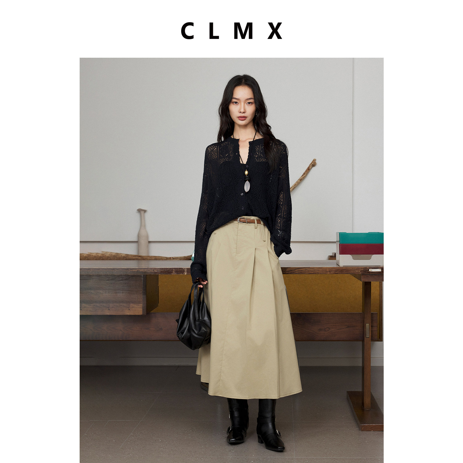 CLMX羊毛混纺圆领镂空花边长袖开衫女春季通勤气质外搭针织衫上衣