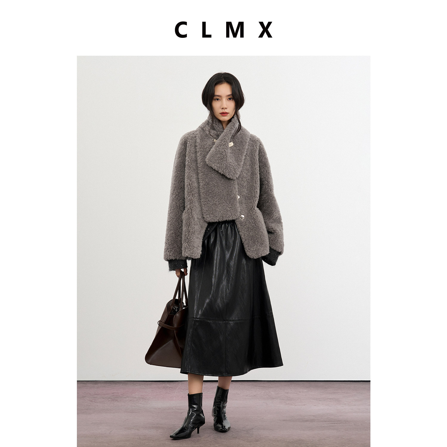 CLMX宽松V领100%绵羊毛外套利落宽松H廓形直顺显瘦秋冬纯色