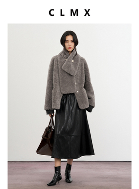 CLMX宽松V领100%绵羊毛外套利落宽松H廓形直顺显瘦秋冬纯色上衣女