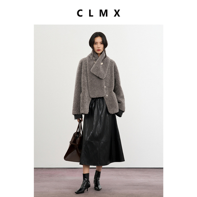 CLMX宽松V领100%绵羊毛外套利落宽松H廓形直顺显瘦秋冬纯色上衣女
