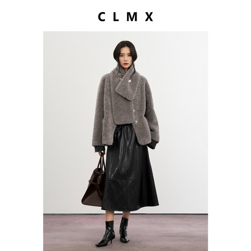 CLMX宽松V领100%绵羊毛宽松H廓形显瘦冬季毛呢外套保暖上衣配围巾