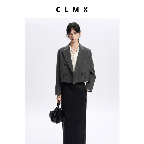 CLMX复古西装戗驳领上衣绒感杂花斜纹软薄羊毛呢秋季纯色短款外套