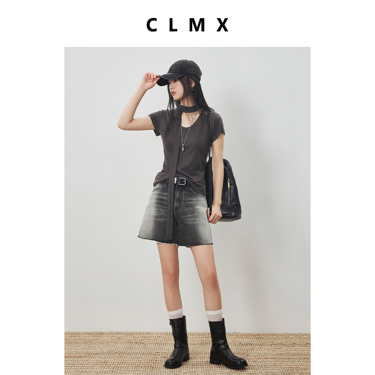 CLMX舒适轻盈体感粗斜纹牛仔 百搭通勤风直筒毛边牛仔短裤赠腰带