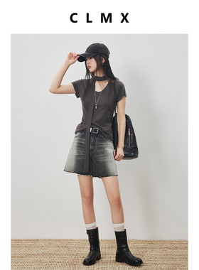 CLMX舒适轻盈体感粗斜纹牛仔 百搭通勤风直筒毛边牛仔短裤赠腰带