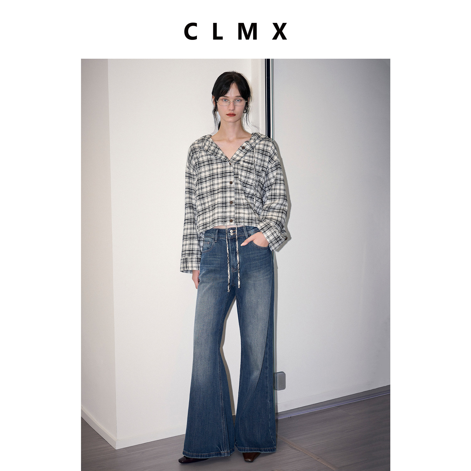 CLMX经典格纹连帽长袖衬衫外套亲肤全棉拉毛色织格纹面料休闲上衣