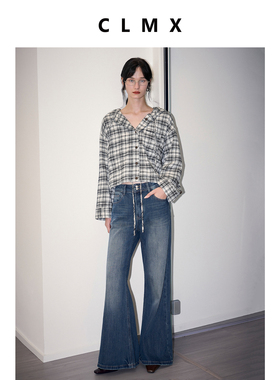 CLMX经典格纹连帽长袖衬衫外套亲肤全棉拉毛色织格纹面料休闲上衣