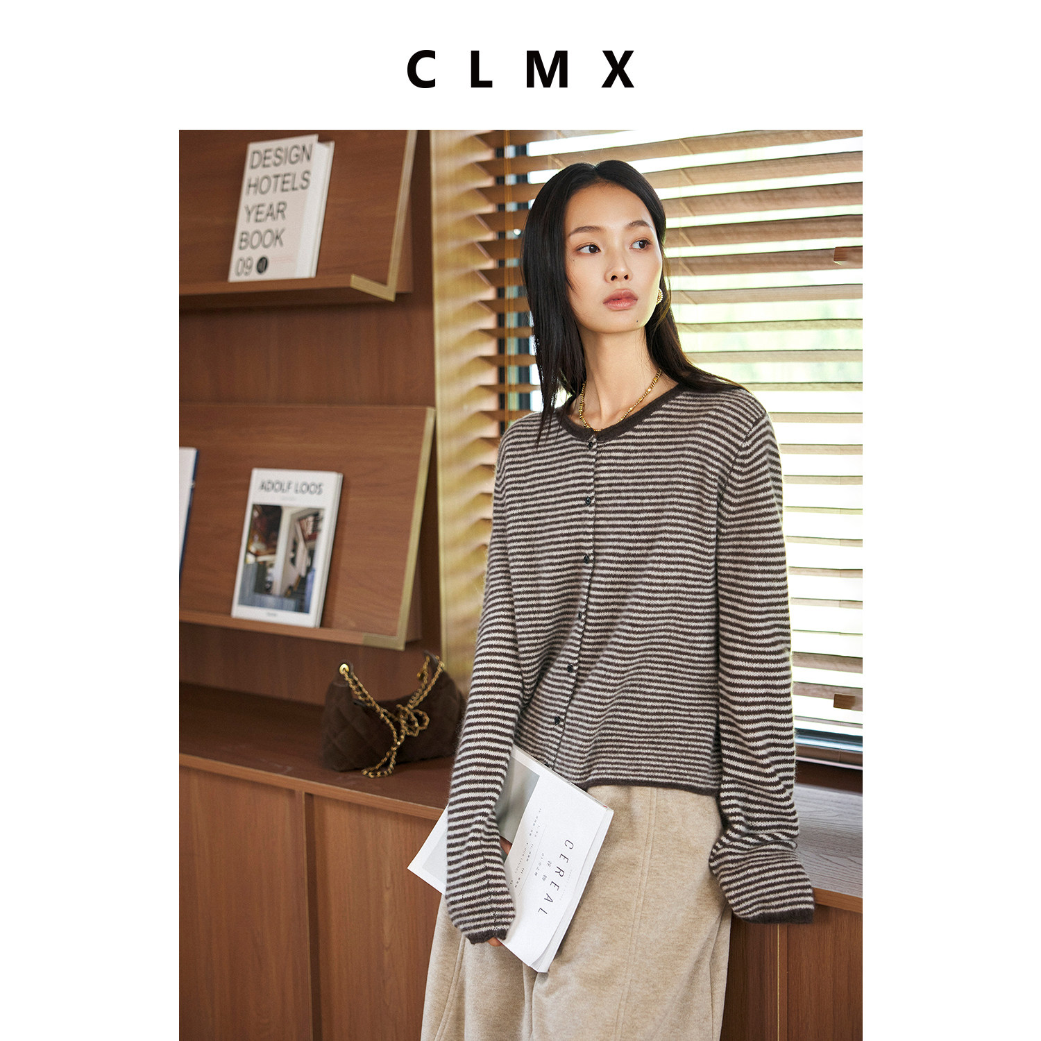 CLMX羊毛羊驼条纹针织开衫女
