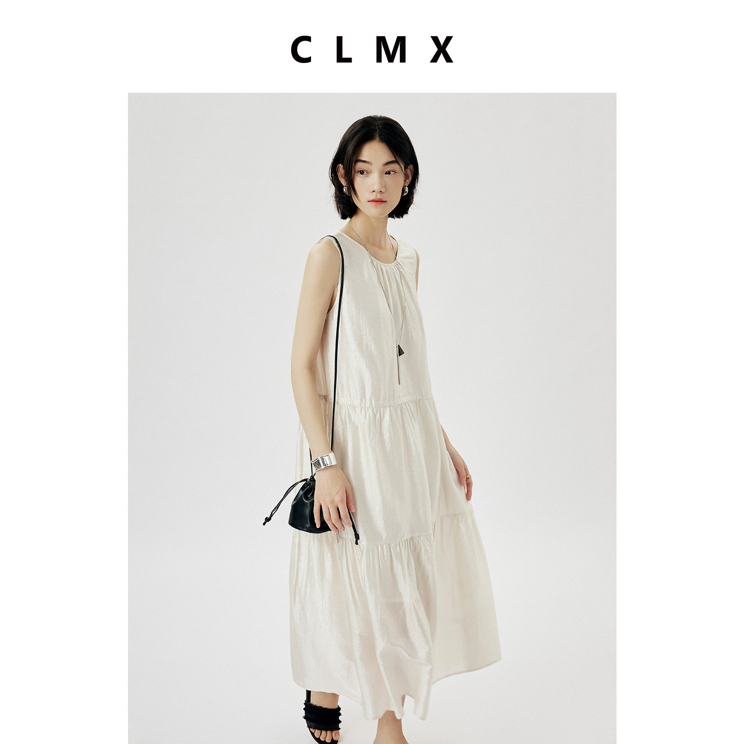 通勤醋酸面料无袖连衣裙