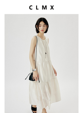 CLMX夏季简约通勤裙子醋酸面料高密缎不易皱好打理无袖连衣裙女