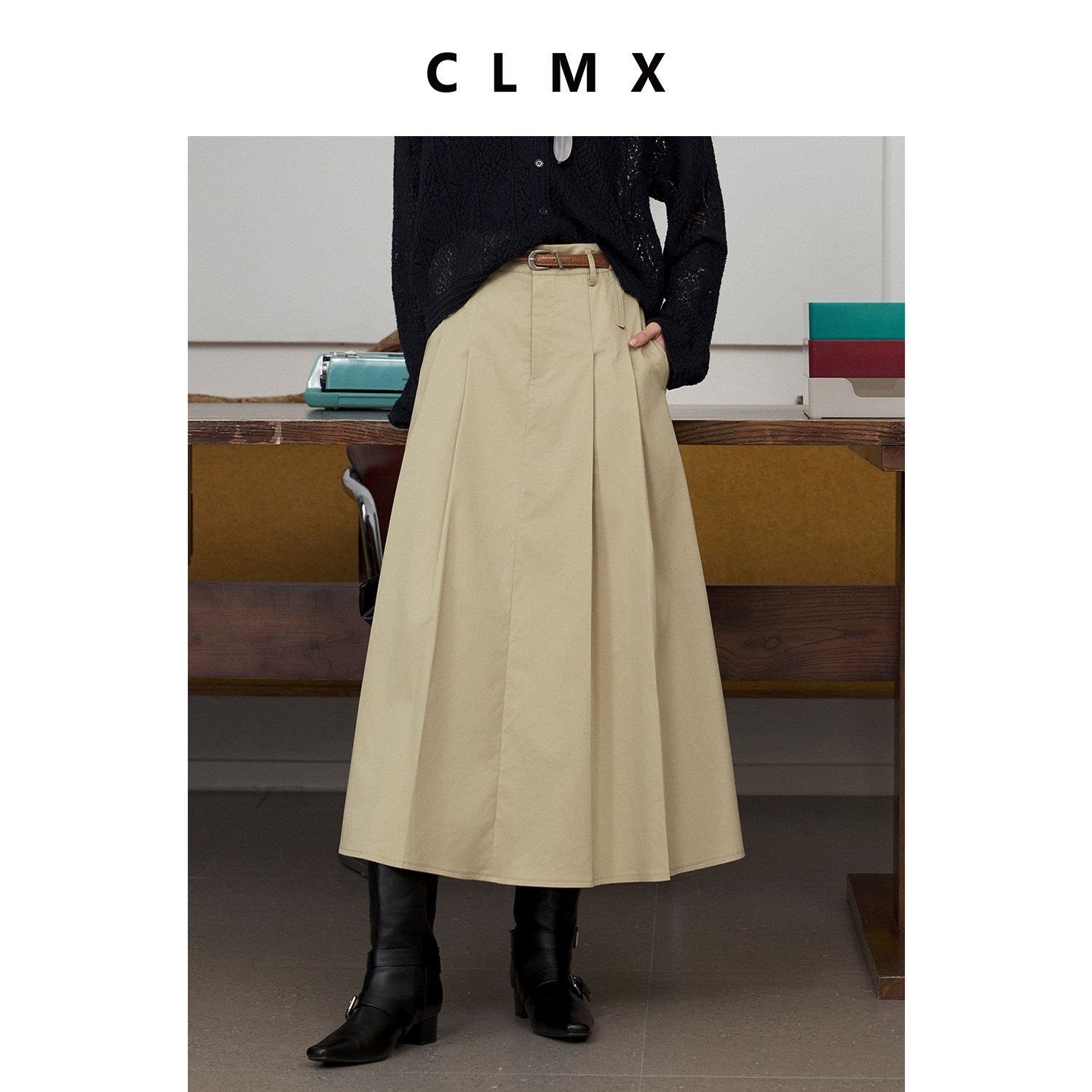 CLMX老钱风棉再生纤维A字半身裙女春季通勤宽松高级压褶长裙子