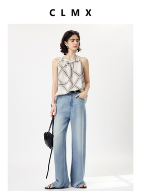 CLMX通勤吊带背心线描草绳印花莱赛尔亚麻混纺面料无袖上衣女