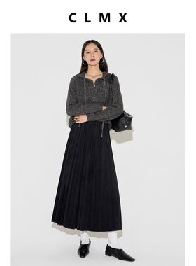 CLMX秋季压褶半身裙水洗仿麂皮风格面料易打理通勤简约高腰裤子女