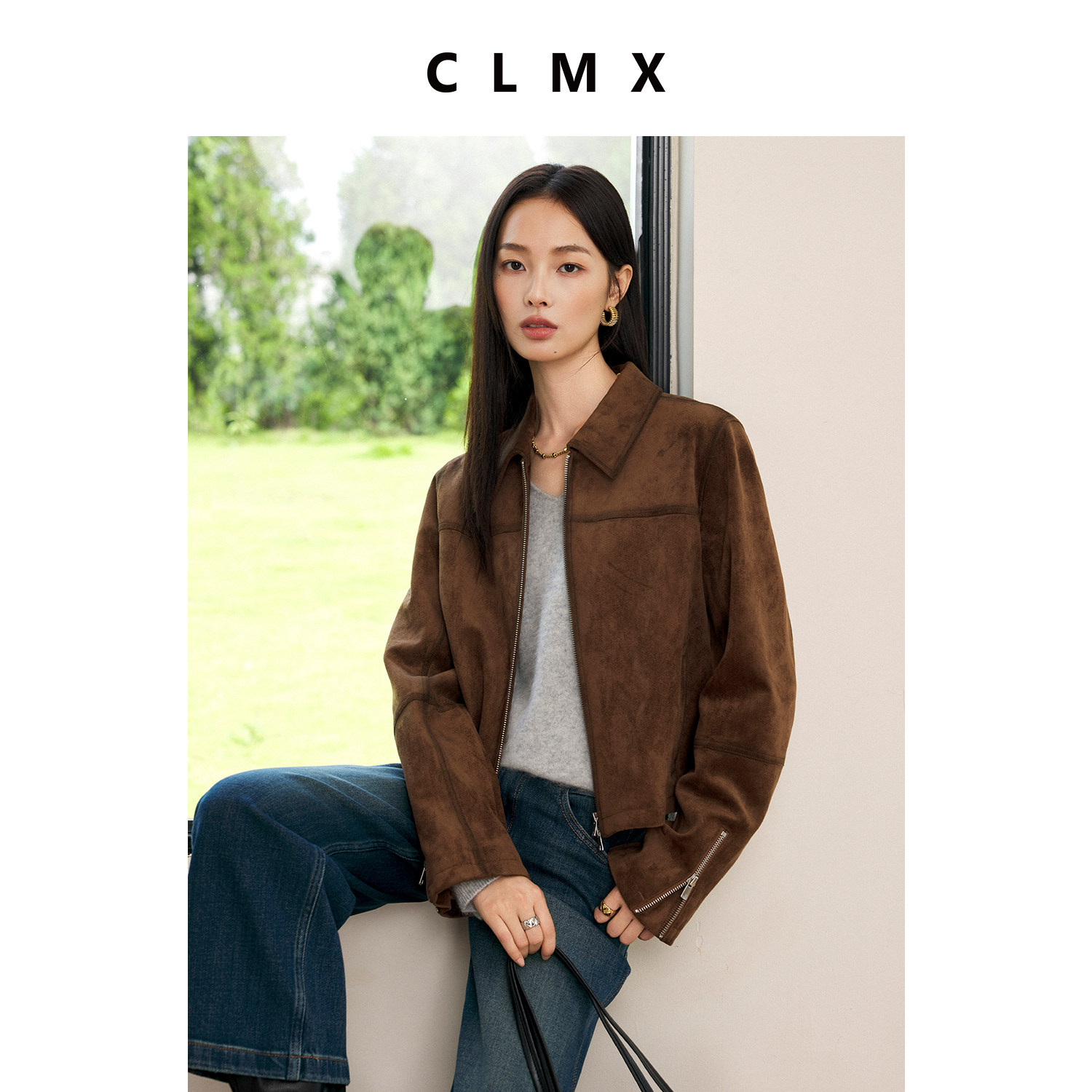 CLMX仿麂皮绒翻领短款长袖外套