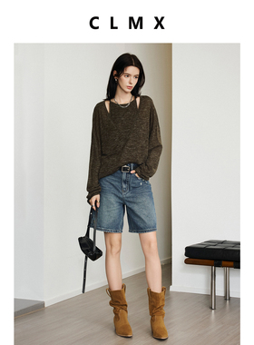 CLMX休闲套装亚麻混纺幻彩双色花纱面料V领针织衫/花纱针织背心