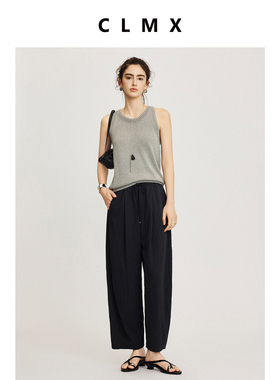 CLMX纯色休闲裤子透气粘纤锦纶混纺面料松弛橡筋连腰九分休闲裤女