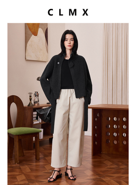 CLMX松紧腰九分裤细腻斜纹棉混纺面料复古侧缝前借橡筋连腰裤子女