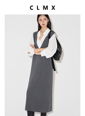 CLMX叠穿无袖V领针织连衣裙100%26支羊毛纱线面料秋季通勤裙子女