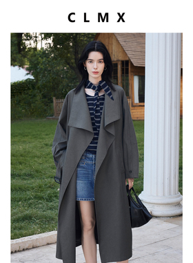 CLMX随性复古大翻领腰带长款风衣外套莱赛尔棉混纺面料通勤上衣女