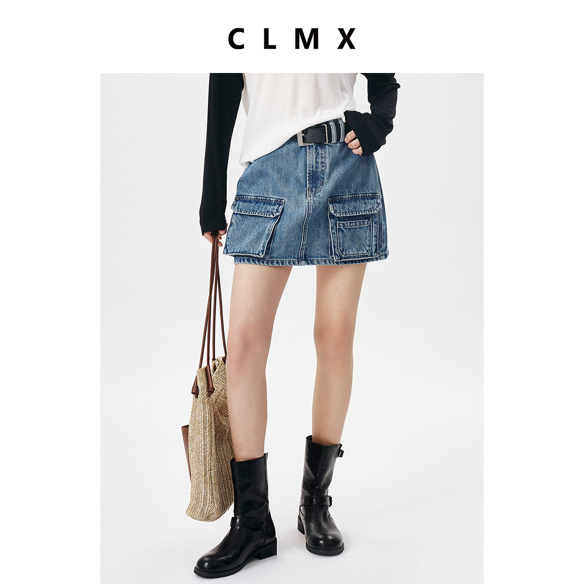 CLMX高质感复古水洗斜纹全棉牛仔 时髦百搭造型感牛仔短裙赠腰带