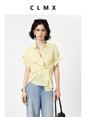 CLMX简约通勤翻领条纹衬衫清凉亚麻混纺色织条纹面料上衣