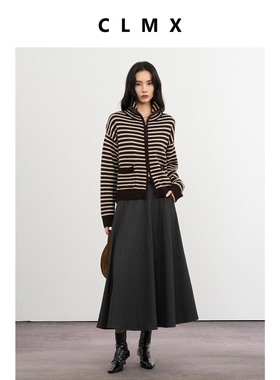 CLMX复古条纹立领开襟长袖毛衣外套100%羊毛纱线秋冬条纹针织衫女