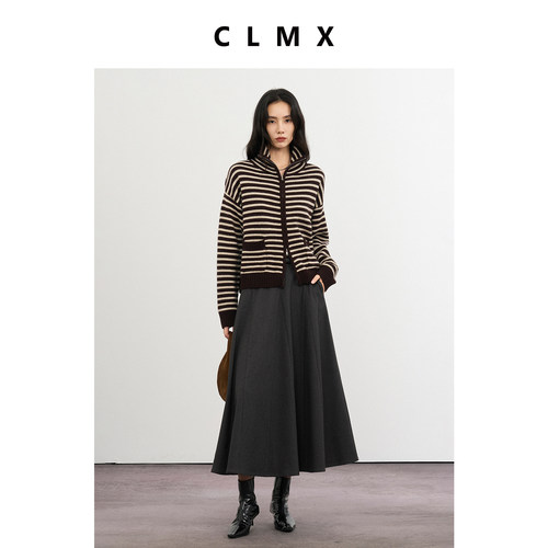 CLMX复古条纹立领开襟长袖毛衣外套100%羊毛纱线秋冬条纹针织衫女