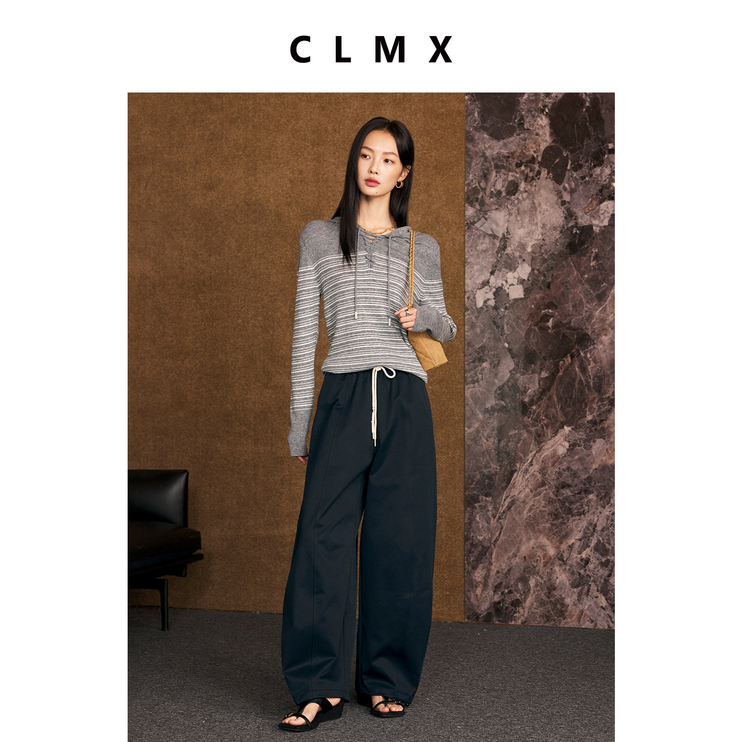 CLMX绵羊毛连帽条纹针织衫女