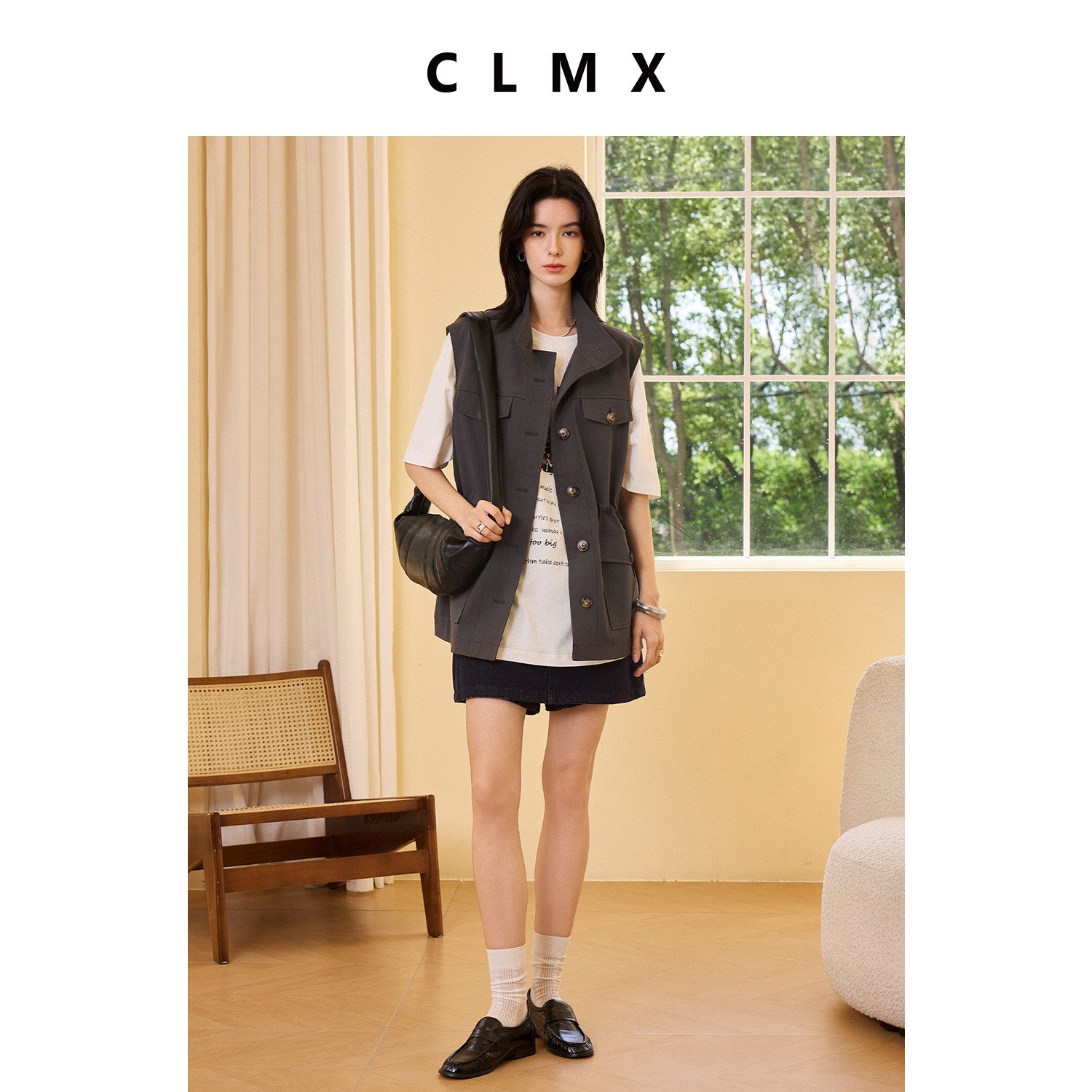 CLMX复古工装风立领抽绳收腰宽松马甲莱赛尔棉混纺面料上衣外套女