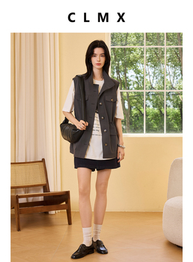 CLMX复古工装风立领抽绳收腰宽松马甲莱赛尔棉混纺面料上衣外套女