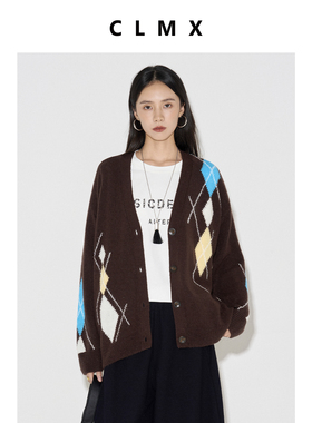 CLMX知识分子风萎格提花V领长袖开衫山羊绒羊毛莱赛尔混纺上衣女