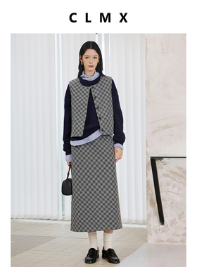 CLMX复古格纹叠穿马甲/配腰带半裙 通勤风百搭马甲A型半身裙套装