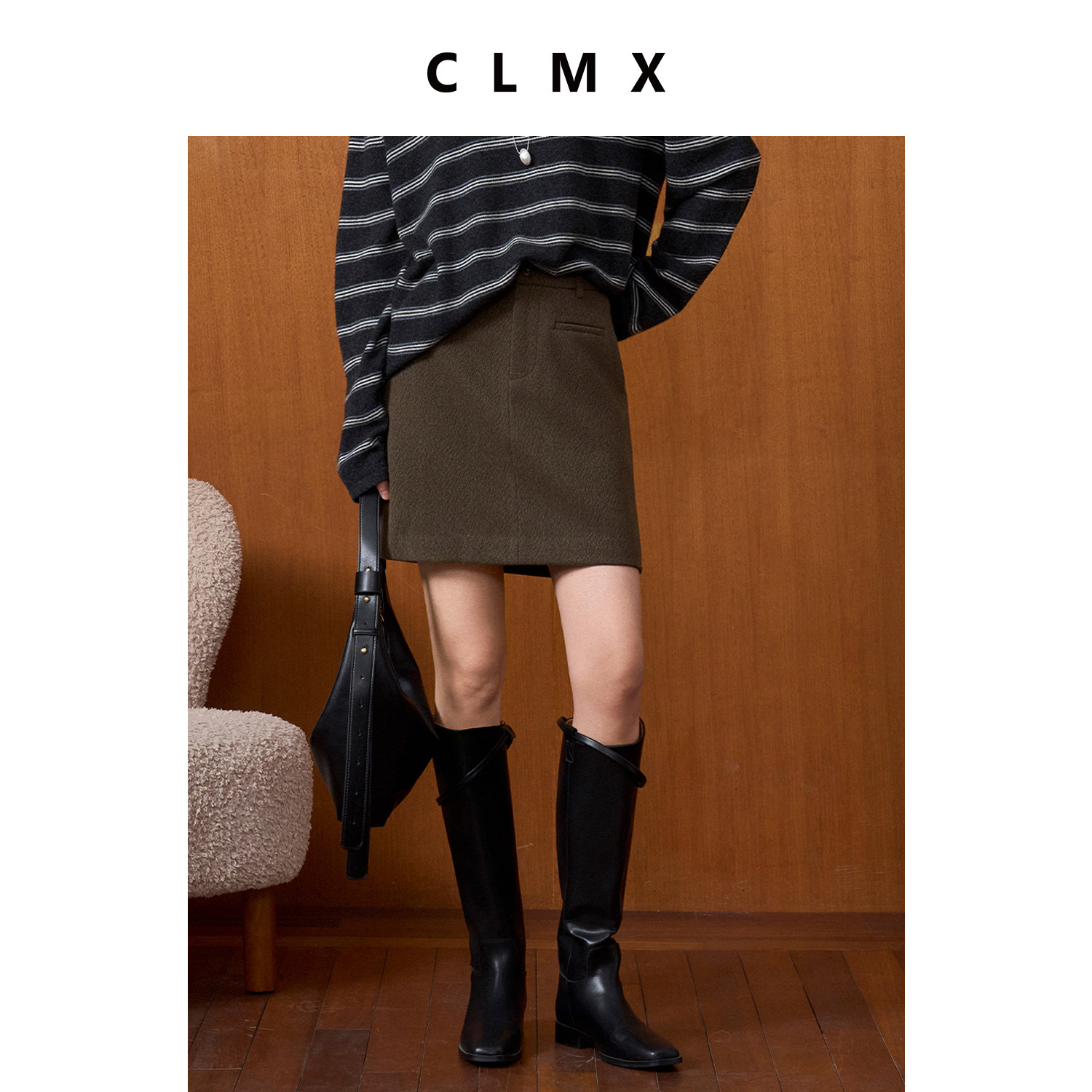 CLMX时髦肌理感半身裙亲肤厚实粘纤腈纶混纺花呢面料秋冬通勤短裙