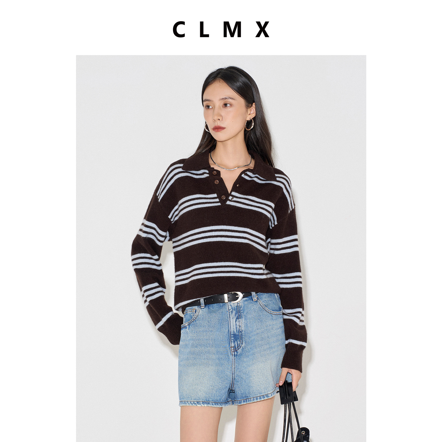 CLMX知识分子条纹Polo翻领长袖针织衫100%绵羊毛纱线秋季通勤上衣