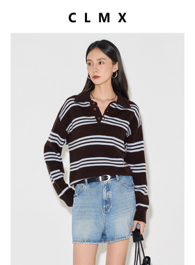 CLMX知识分子条纹Polo翻领长袖针织衫100%绵羊毛纱线秋季通勤上衣