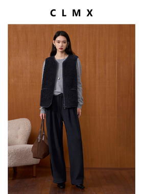 CLMX慵懒随性松弛廓形显瘦显年轻上衣圆领正肩100%绵羊毛拉链马甲