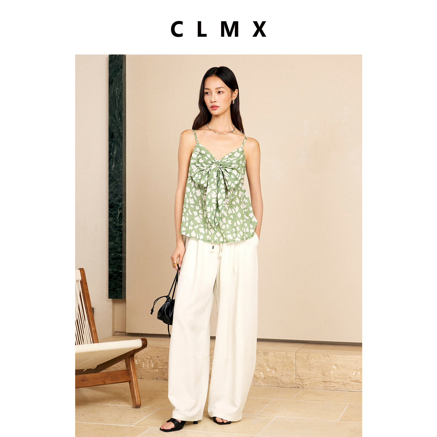 CLMX复古棉质V领蝴蝶结吊带