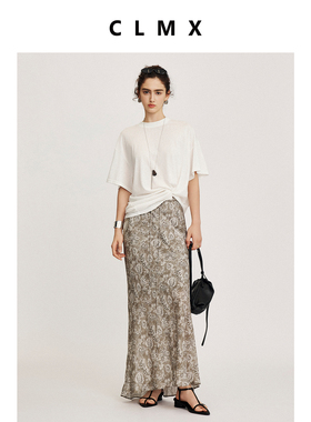 CLMX简约修身裙子艺术水墨晕染印花缎面雪纺皱面料半身裙女