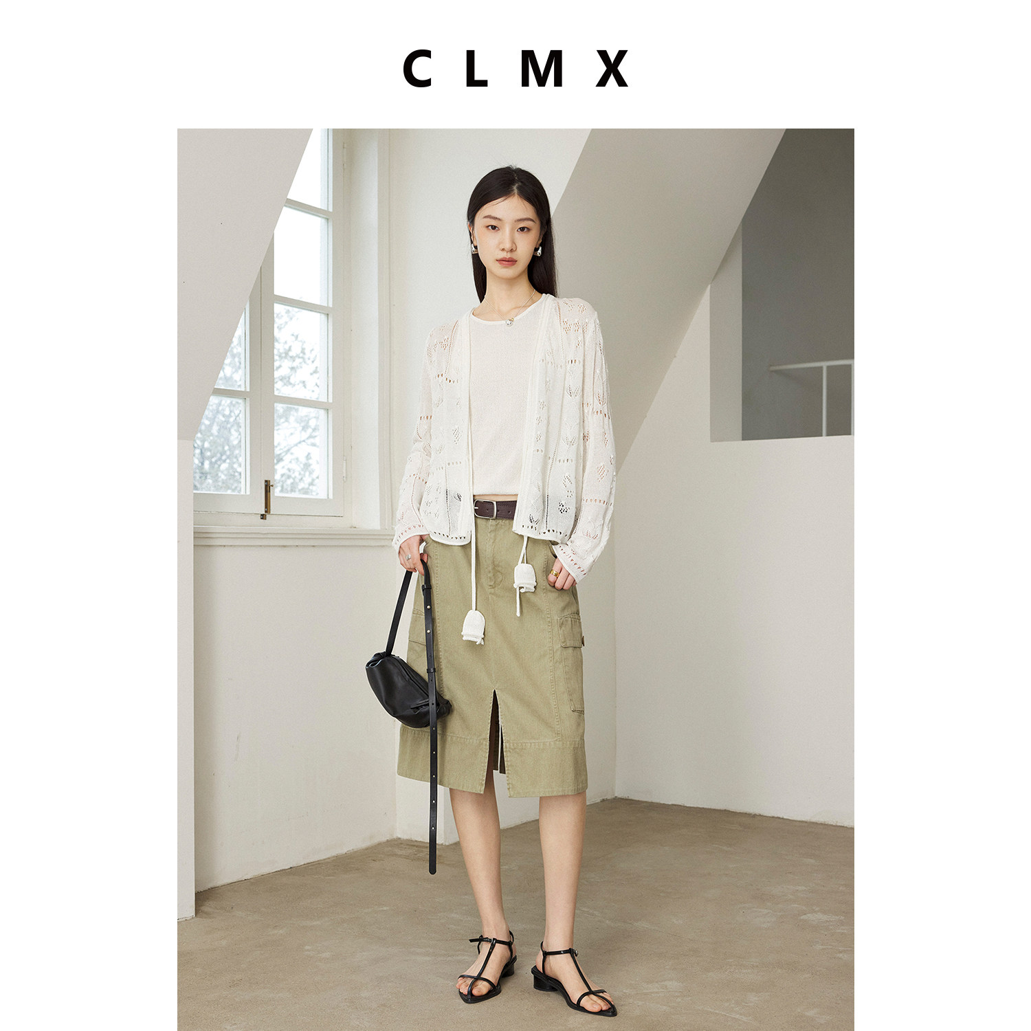 CLMX莱赛尔镂空花朵针织系带开衫女春季通勤宽松气质慵懒外搭上衣