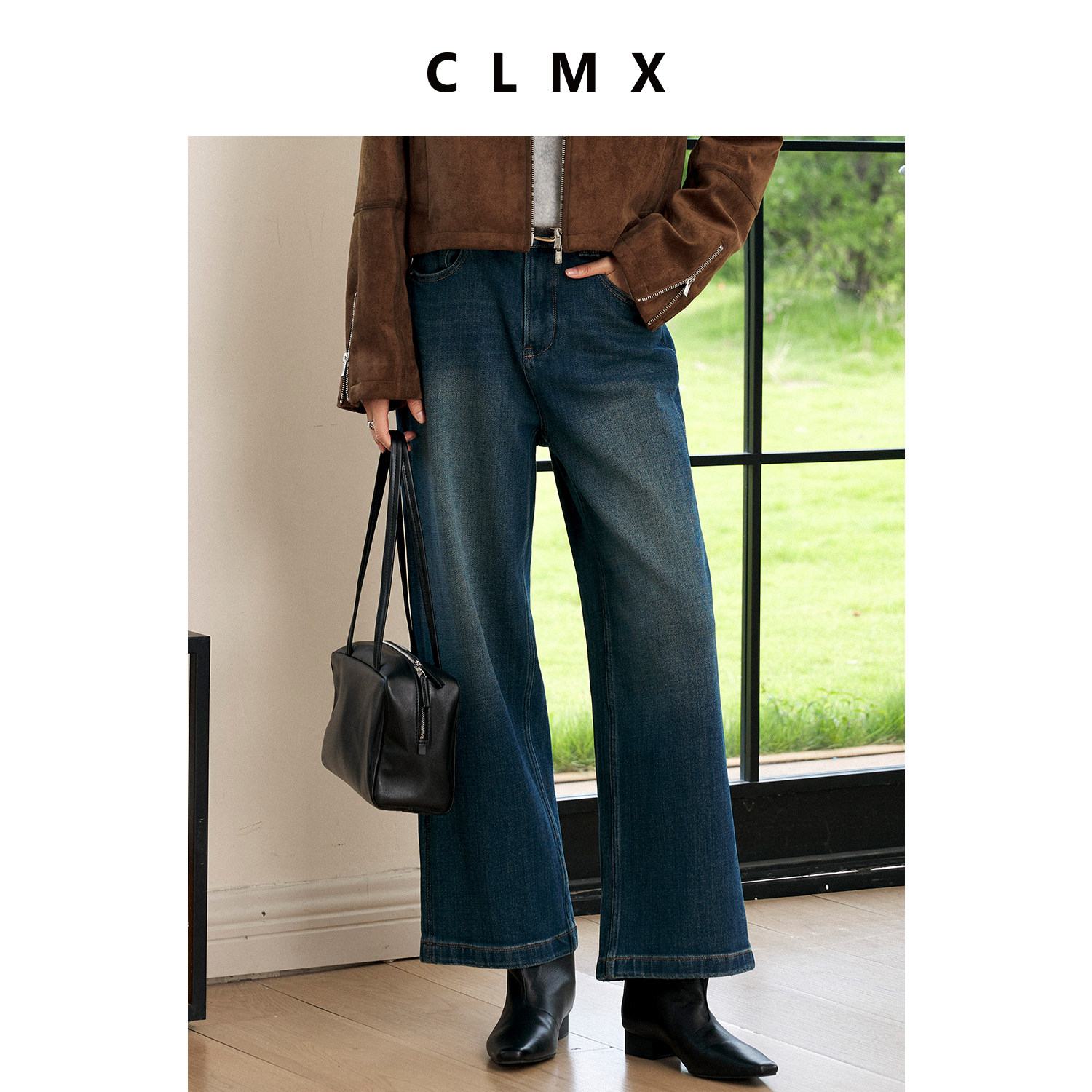 CLMX弹力九分直筒牛仔裤女通勤