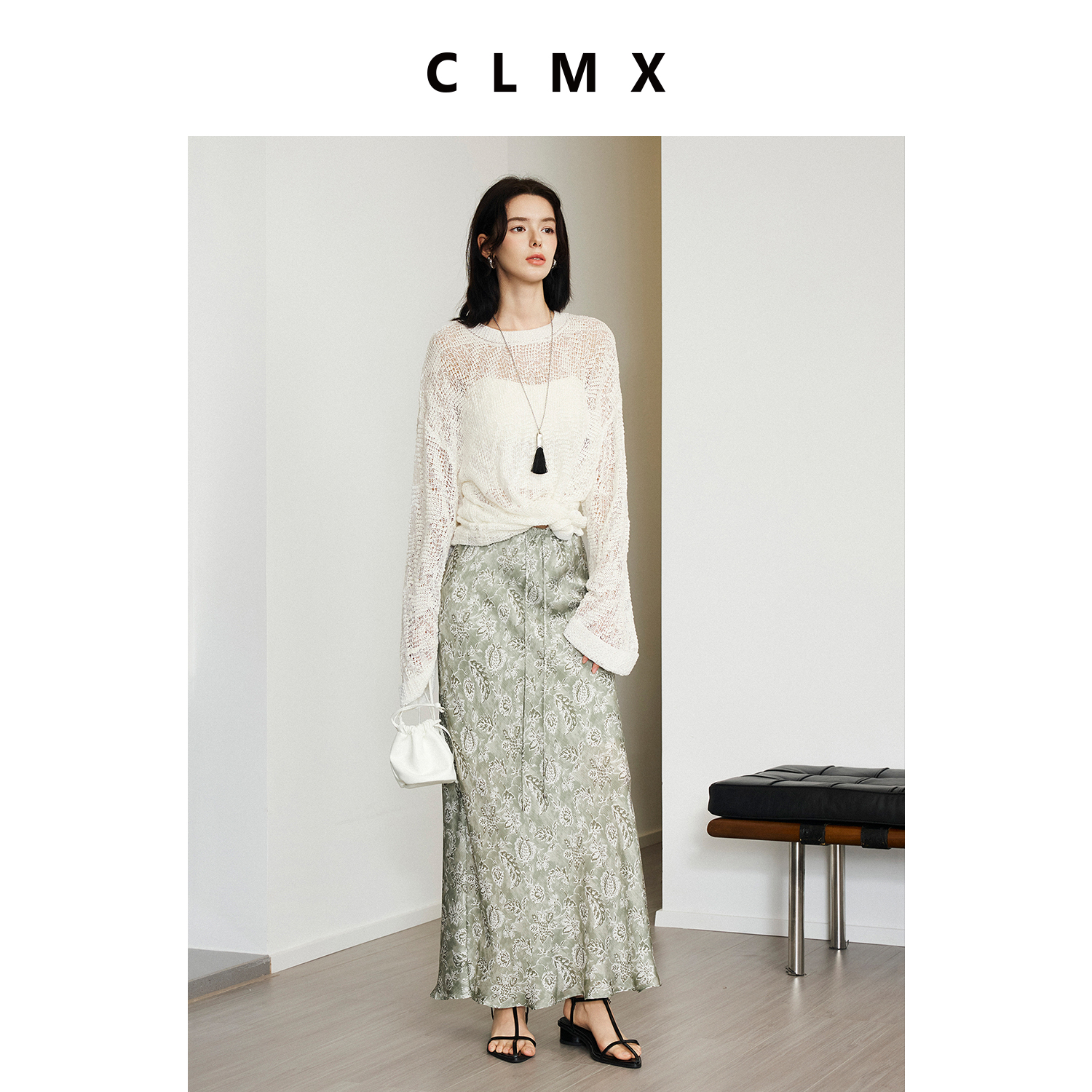 CLMX慵懒风镂空圆领长袖空气针织衫干爽有型棉锦混纺带子纱上衣女
