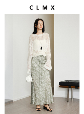 CLMX慵懒风镂空圆领长袖空气针织衫干爽有型棉锦混纺带子纱上衣女