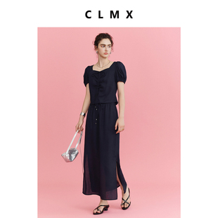 简约半身裙女 CLMX两件套轻盈微透感亚麻莱赛尔混纺面料方领上衣