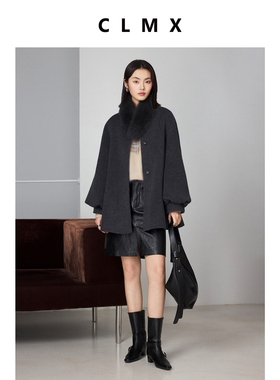 CLMX双面杂色短毛绵羊毛骆驼绒配围脖圆领宽松长袖开襟双面呢外套